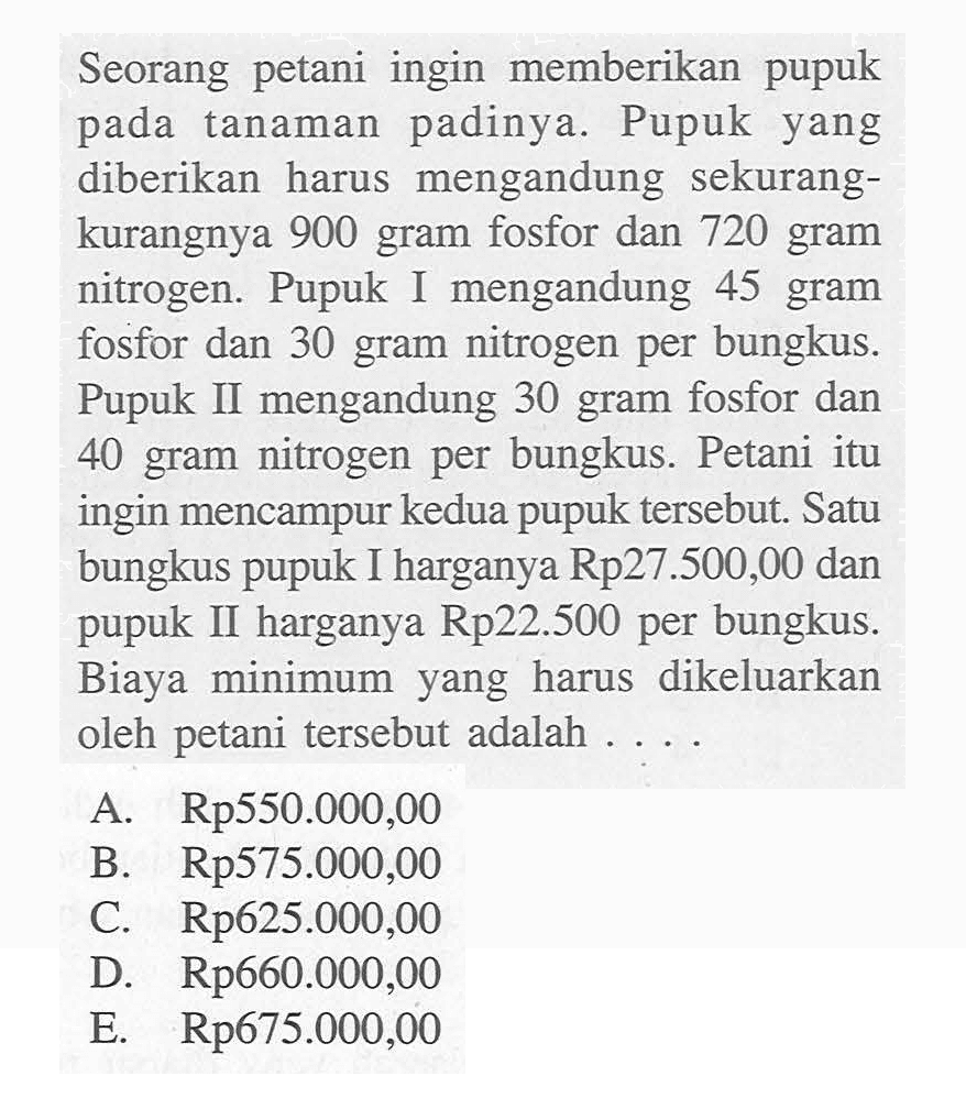 Seorang petani ingin memberikan pupuk tanaman padinya. Pupuk yang pada diberikan harus mengandung sekurang- kurangnya 900 gram fosfor dan 720 gram nitrogen. Pupuk I mengandung 45 gram fosfor dan 30 gram nitrogen per bungkus. Pupuk II mengandung 30 gram fosfor dan 40 gram nitrogen per bungkus. Petani itu ingin mencampur kedua pupuk tersebut. Satu bungkus pupuk I harganya Rp27.500,00 dan pupuk II harganya Rp22.500 per bungkus. Biaya minimum yang harus dikeluarkan oleh petani tersebut adalah....