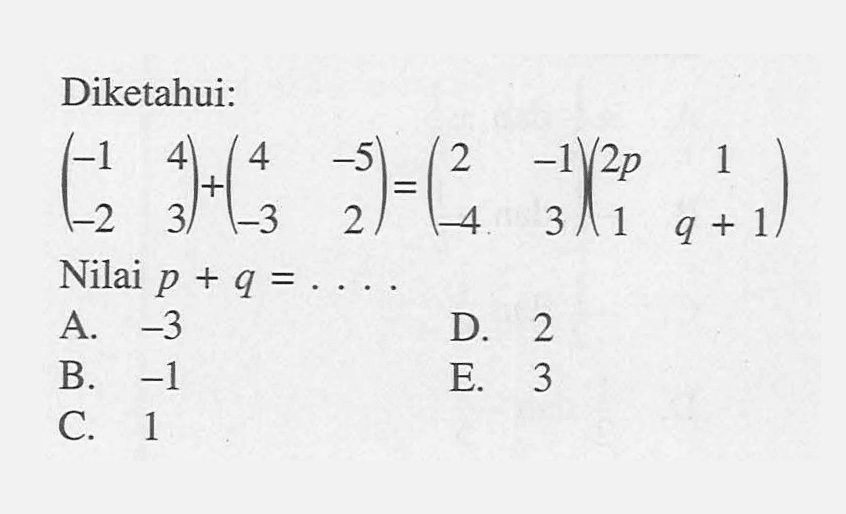 Diketahui: (-1 4 -2 3)+(4 -5 -3 2)=(2 -1 -4 3)(2p 1 1 q+1). Nilai p+q= ...