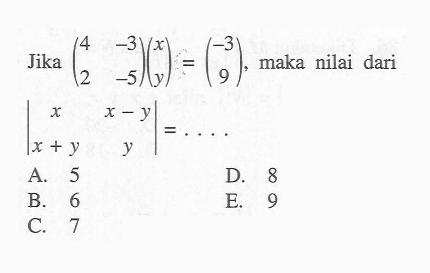 Jika (4 -3 2 -5)(x y)=(-3 9), maka nilai dari |x x-y x+y y|=....