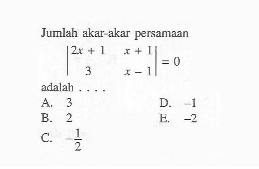 Jumlah akar-akar persamaan |2x+1 x+1 3 x-1|=0 adalah ....