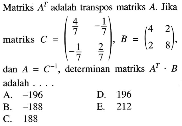 Matriks A^T adalah transpos matriks A. Jika matriks C = (4/7 -1/7 -1/7 2/7), B = (4 2 2 8), dan A = C^(-1), determinan matriks A^T . B adalah....