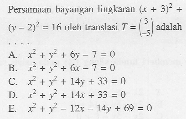 Persamaan bayangan lingkaran (x+3)^2+(y-2)^2=16 oleh translasi T=(3 -5) adalah . . . .