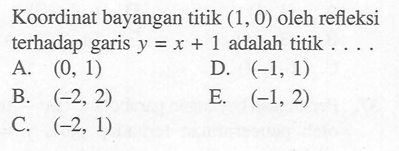 Koordinat bayangan titik (1, 0) oleh refleksi terhadap garis y=x+1 adalah titik ...