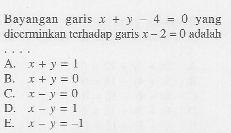 Bayangan garis x+y-4=0 yang dicerminkan terhadap garis x-2=0 adalah....