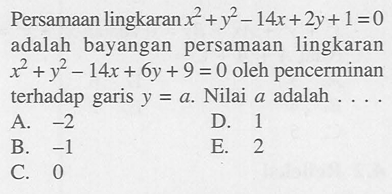 Persamaan lingkaran x^2+y^2-14x+2y+1=0 adalah bayangan persamaan lingkaran x^2+y^2-14x+6y+9=0 oleh pencerminan terhadap garis y=a. Nilai a adalah . . . .