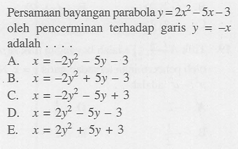 Persamaan bayangan parabola y=2x^2-5x-3 oleh pencerminan terhadap garis y=-x adalah ....