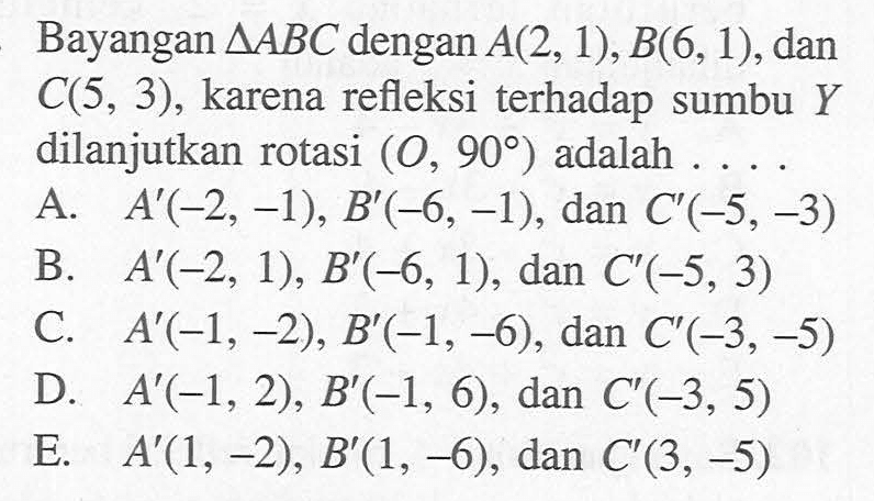 Bayangan segitiga ABC dengan A(2,1),B(6, 1), dan C(5, 3), karena refleksi terhadap sumbu Y dilanjutkan rotasi (0, 90) adalah