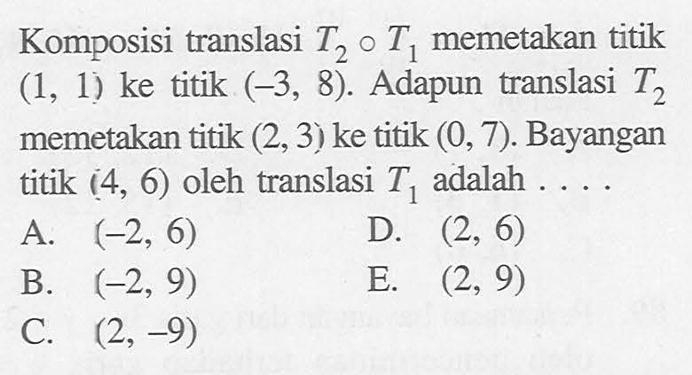 Komposisi translasi T2 o T1 memetakan titik (1, 1) ke titik (-3, 8). Adapun translasi T2 memetakan titik (2,3) ke titik (0, 7). Bayangan titik (4, 6) oleh translasi T1 adalah . . . .