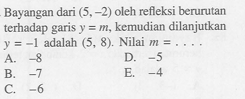 Bayangan dari (5,-2) oleh refleksi berurutan terhadap garis y=m, kemudian dilanjutkan y=-1 adalah (5, 8). Nilai m = ....