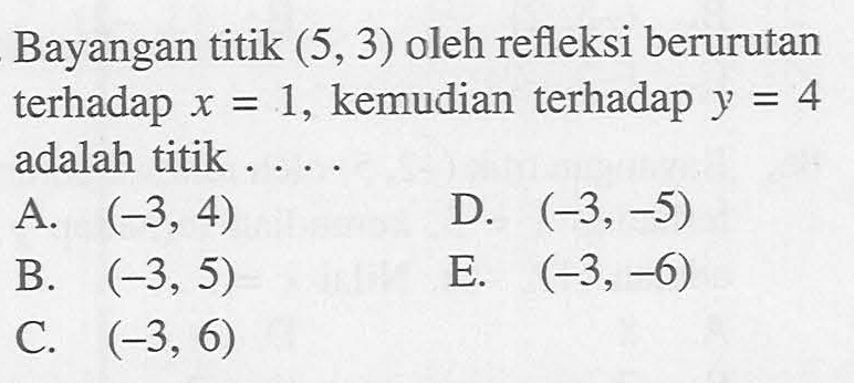 Bayangan titik (5,3) oleh refleksi berurutan terhadap x = 1, kemudian terhadap y = 4 adalah titik....