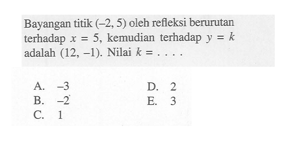 Bayangan titik (-2,5) oleh refleksi berurutan terhadap x=5, kemudian terhadap y=k adalah (12,-1). Nilai k= ....