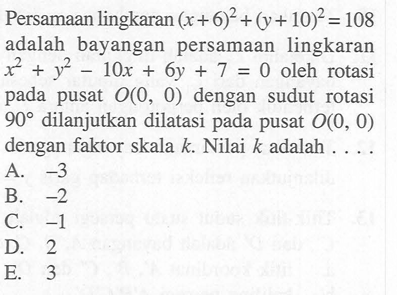 Persamaan lingkaran (x+6)^2+(y+10)^2=108 adalah bayangan persamaan lingkaran x^2+y^2-10x+6y+7=0 oleh rotasi pada pusat O(0, 0) dengan sudut rotasi 90 dilanjutkan dilatasi pada pusat O(0, 0) dengan faktor skala k. Nilai k adalah . . . .