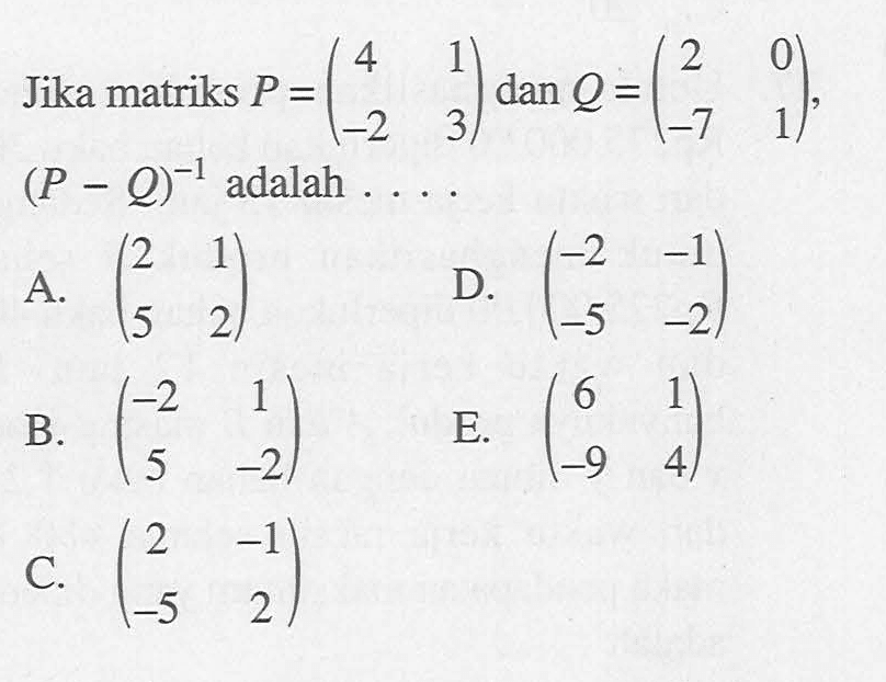 Jika matriks P = (4 1 -2 3) dan Q = (2 0 -7 1), (P-Q)^(-1) adalah...