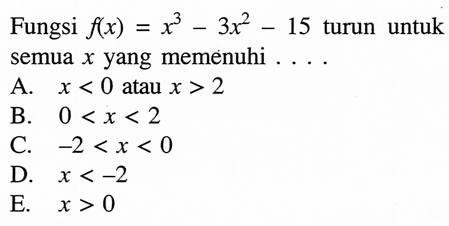 Fungsi f(x)=x^3-3 x^2-15 turun untuk semua x yang memenuhi ...