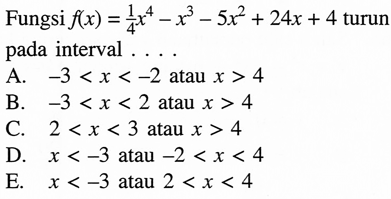 Fungsi f(x)=1/4x^4-x^3-5x^2+24x+4 turun pada interval....