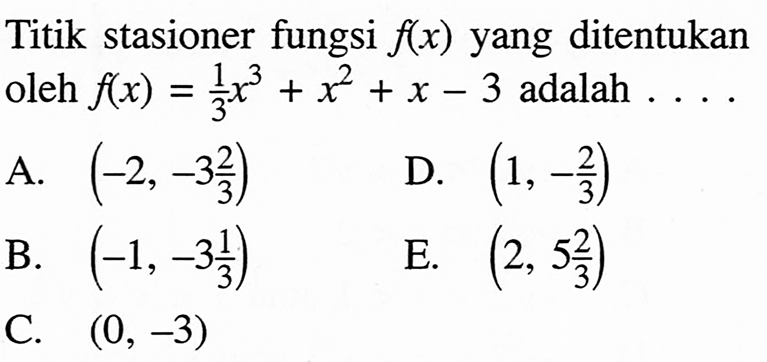 Titik stasioner fungsi f(x) yang ditentukan oleh f(x)=1/3x^3+x^2+x-3 adalah  ...