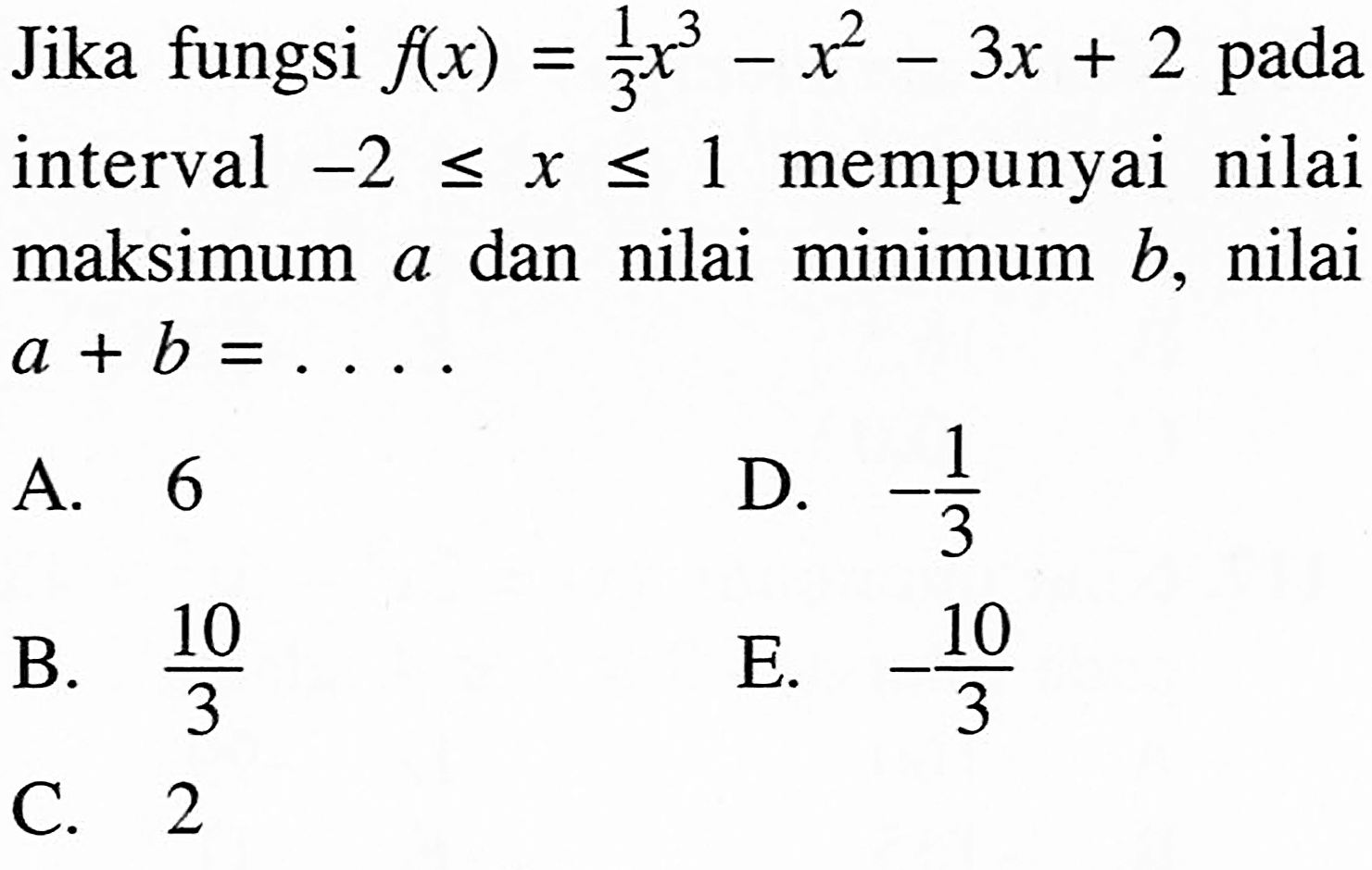 Jika fungsi f(x)=1/3 x^3-x^2-3x+2 pada interval -2<=x<=1 mempunyai nilai maksimum a dan nilai minimum b, nilai a+b=... 