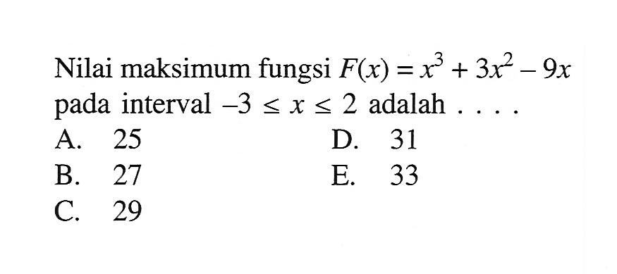 Nilai maksimum fungsi F(x)=x^3+3x^2-9x pada interval -3<=x<=2 adalah  ... . 
