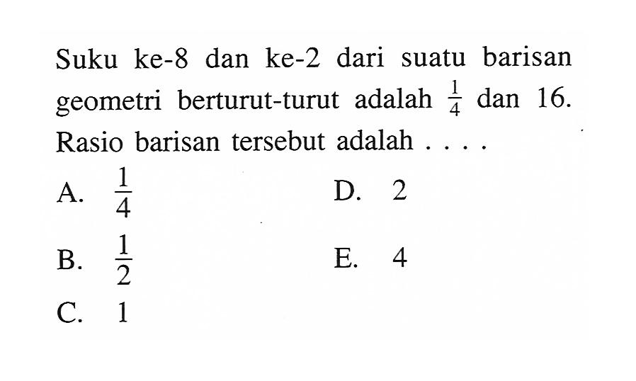 Suku ke-8 dan ke-2 dari suatu barisan geometri berturut-turut adalah 1/4  dan 16. Rasio barisan tersebut adalah ...