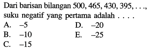 Dari barisan bilangan 500, 465,430,395, ... suku negatif yang pertama adalah