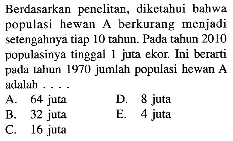 Berdasarkan penelitan, diketahui bahwa populasi hewan A berkurang menjadi setengahnya tiap 10 tahun. Pada tahun 2010 populasinya tinggal 1 juta ekor. Ini berarti pada tahun 1970 jumlah populasi hewan A adalah ....