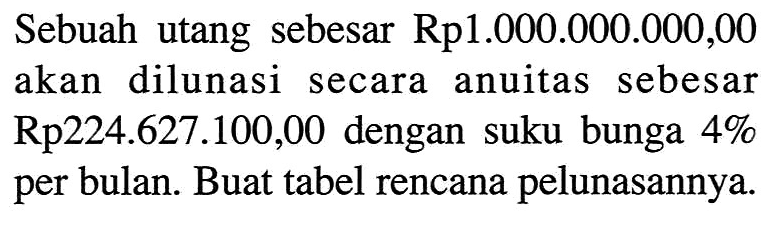 Sebuah utang sebesar Rp1.000.000.000,00 akan dilunasi secara anuitas sebesar Rp224.627.100,00 dengan suku bunga 4% per bulan. Buat tabel rencana pelunasannya.