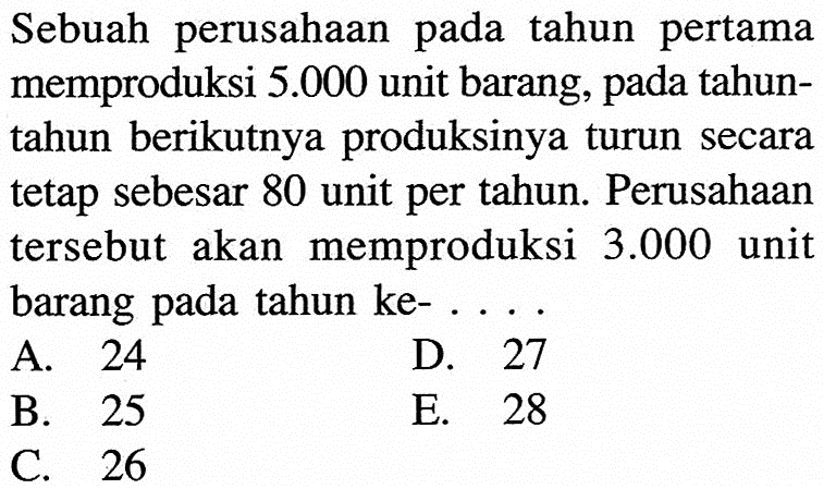 Sebuah perusahaan pada tahun pertama memproduksi  5.000  unit barang, pada tahun-tahun berikutnya produksinya turun secara tetap sebesar 80 unit per tahun. Perusahaan tersebut akan memproduksi  3.000  unit barang pada tahun ke- ...
