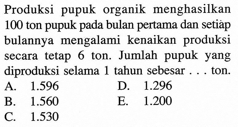 Produksi pupuk organik menghasilkan 100 ton pupuk pada bulan pertama dan setiap bulannya mengalami kenaikan produksi secara tetap 6 ton. Jumlah pupuk yang diproduksi selama 1 tahun sebesar . . . ton.