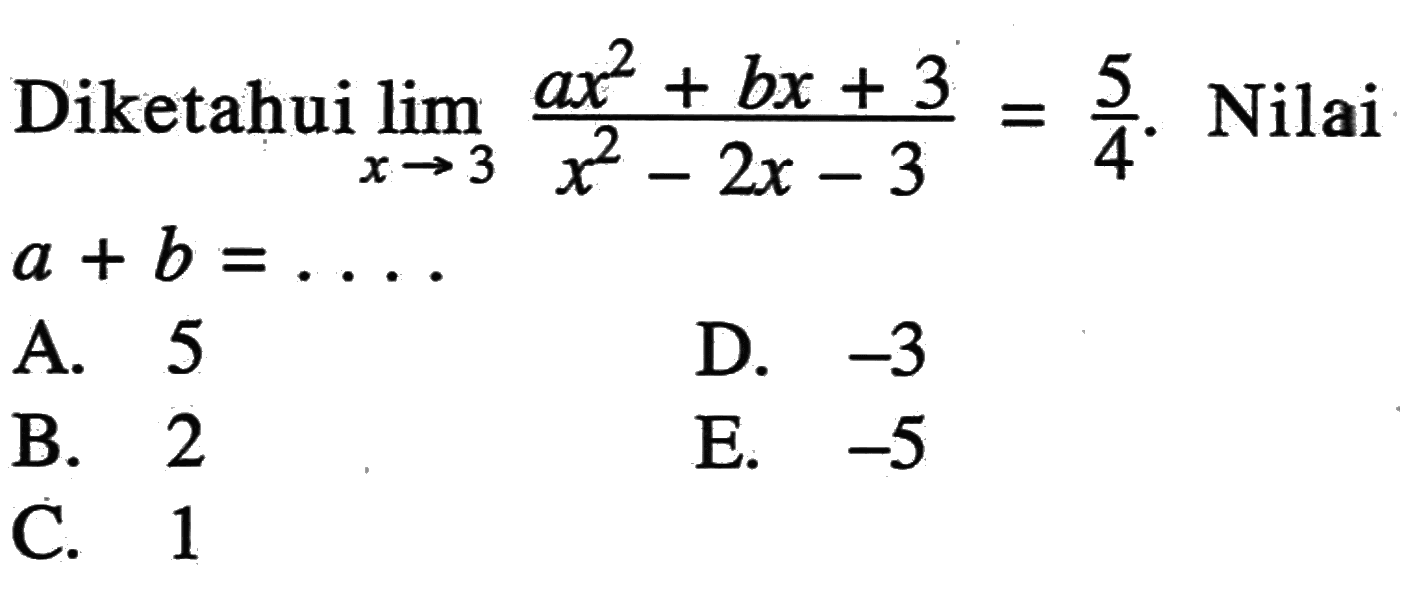 Diketahui  limit  x->3 (ax^2+bx+3)/(x^2-2x-3)=5/4 . Nilai  a+b=... 