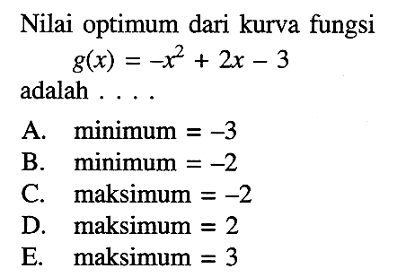 Nilai optimum dari kurva fungsi g(x)=-x^2+2x-3 adalah ...