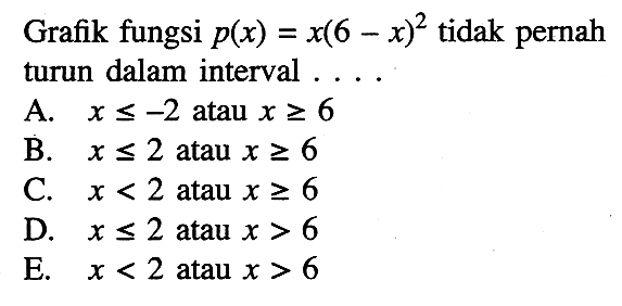 Grafik fungsi p(x)=x(6-x)^2 tidak pernah turun dalam interval .... .