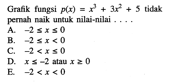 Grafik fungsi p(x)=x^3+3x^2+5 tidak pernah naik untuk nilai-nilai....