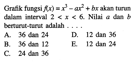 Grafik fungsi f(x)=x^3-ax^2+bx akan turun dalam interval 2<x<6. Nilai a dan b berturut-turut adalah ....