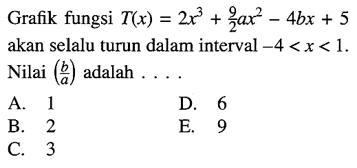 Grafik fungsi T(x)=2x^3+9/2 ax^2-4bx+5 akan selalu turun dalam interval -4<x<1. Nilai (b/a) adalah .... 