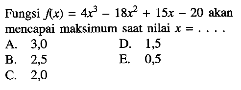 Fungsi f(x)=4x^3-18x^2+15x-20 akan mencapai maksimum saat nilai x=...