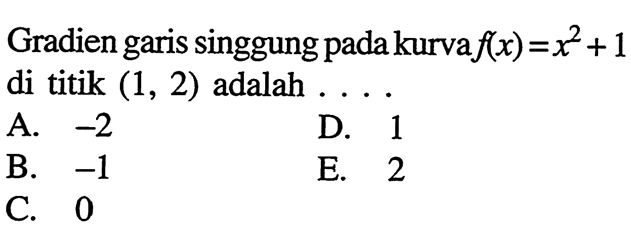 Gradien garis singgung pada kurva f(x)=x^2+1 di titik (1,2) adalah ...