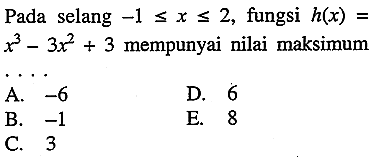 Pada selang -1<=x<=2, fungsi h(x)=x^3-3x^2+3 mempunyai nilai maksimum...