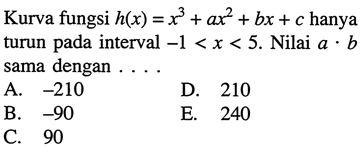 Kurva fungsi h(x)=x^3+ax^2+bx+c hanya turun pada interval -1<x<5. Nilai a.b sama dengan....