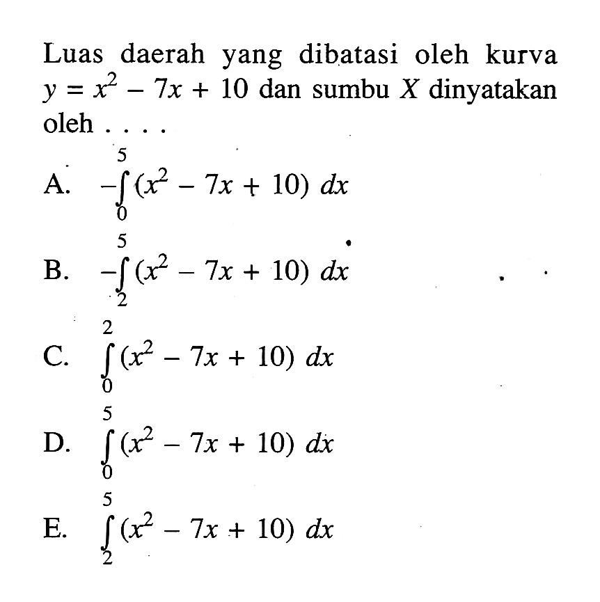 Luas daerah yang dibatasi oleh kurva y=x^2-7x+10 dan sumbu X dinyatakan oleh ....