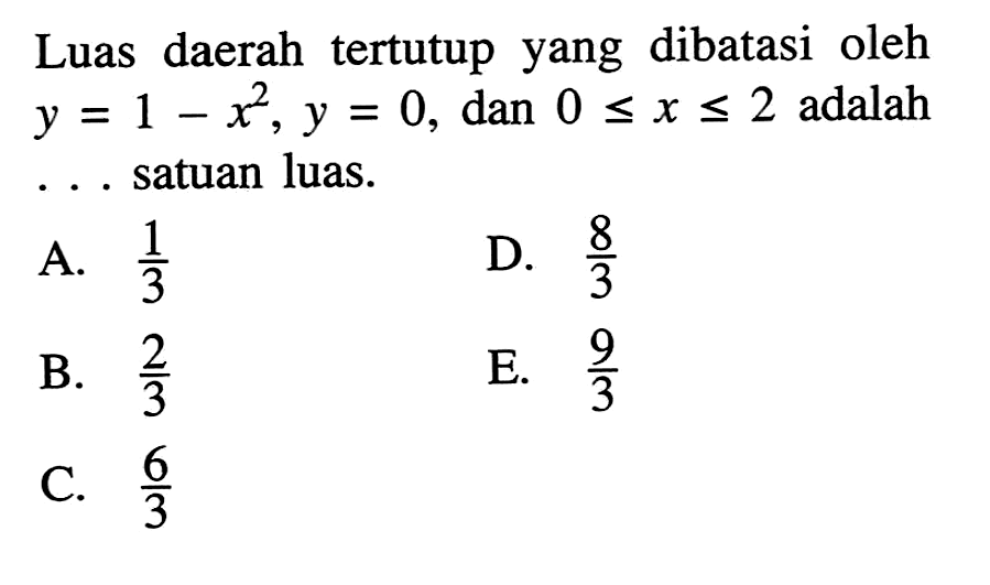 Luas daerah tertutup yang dibatasi oleh  y=1-x^2, y=0, dan 0<=x<=2  adalah ... satuan luas.