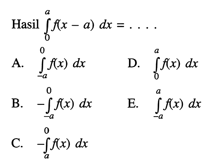 Hasil  integral 0 a f(x-a) dx=... 
