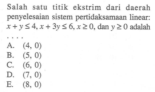 Salah satu titik ekstrim dari daerah penyelesaian sistem pertidaksamaan linear: x+y<=4, x+3y<=6, x>=0, dan y>=0 adalah . . . .