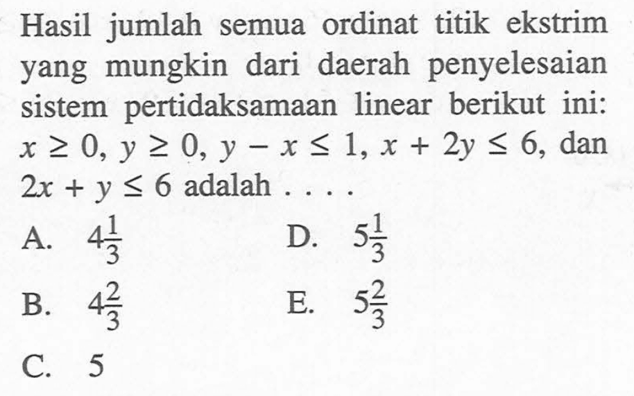 Hasil jumlah semua ordinat titik ekstrim yang mungkin dari daerah penyelesaian sistem pertidaksamaan linear berikut ini: x>=0, y>=0, y-x<=1, x+2y<=6, dan 2x+y<=6 adalah ....