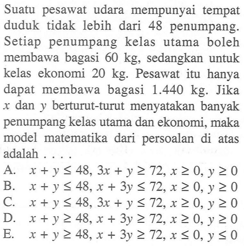 Suatu pesawat udara mempunyai tempat duduk tidak lebih dari 48 penumpang. Setiap penumpang kelas utama boleh membawa bagasi 60 kg, sedangkan untuk kelas ekonomi 20 kg: Pesawat itu hanya dapat membawa bagasi 1.440 kg. Jika x dan y berturut-turut menyatakan banyak penumpang kelas utama dan ekonomi maka model matematika dari persoalan di atas adalah . . . .