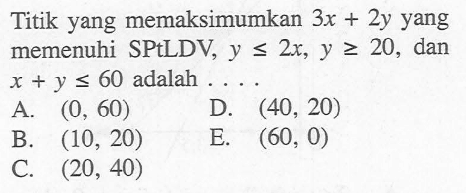 Titik yang memaksimumkan 3x+2y yang memenuhi SPtLDV, y<=2x, y>=20, dan x+y<=60 adalah ....