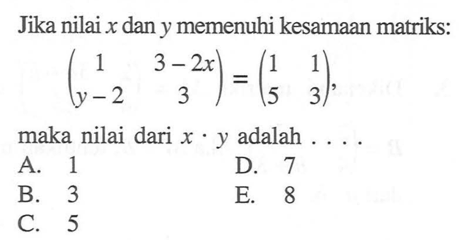 Jika nilai x dan y memenuhi kesamaan matriks: (1 3-2x y-2 3)=(1 1 5 3), maka nilai dari x.y adalah ...