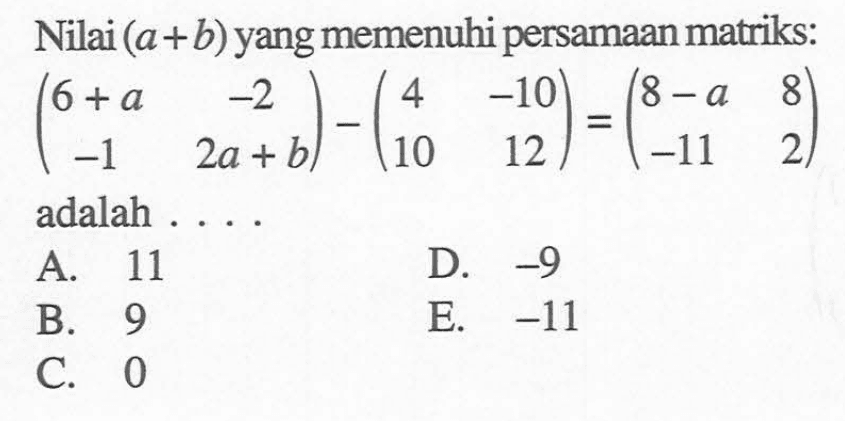 Nilai (a+b) yangmemenuhi persamaan matriks: (6+a -2 -1 2a+b)-(4 -10 10 12)=(8-a 8 -11 2) adalah . . . .