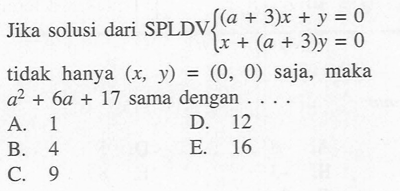 Jika solusi dari SPLDV (a+ 3)x + y = 0 x+ (a + 3)y = 0 tidak hanya (x, y)=(0, 0) saja, maka a^2 + 6a + 17 sama dengan