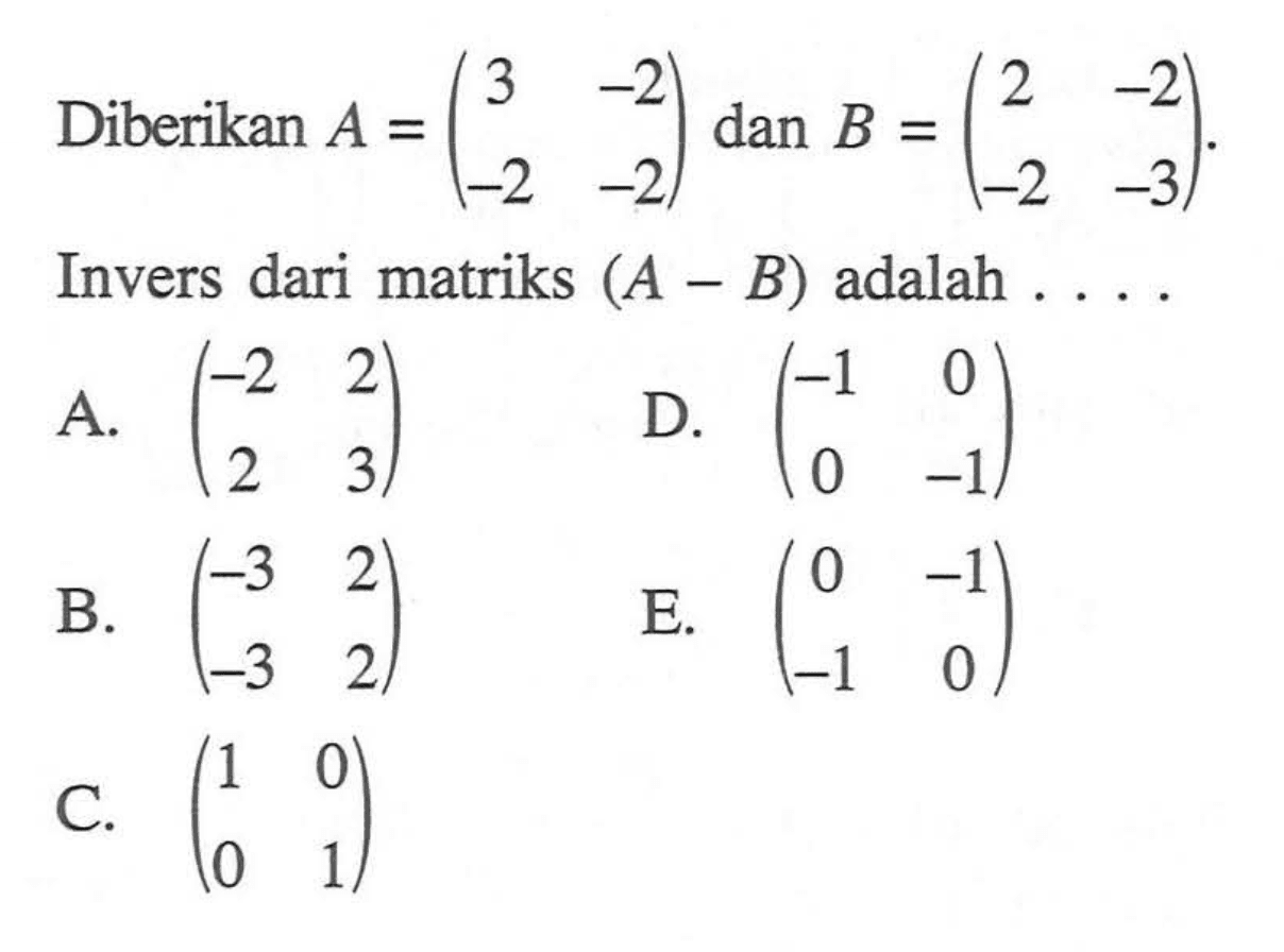 Diberikan A=(3 -2 -2 -2 ) dan B=(2 -2 -2 -3). Invers dari matriks (A-B) adalah . . . .