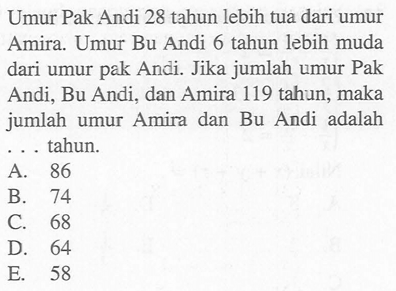 Umur Pak Andi 28 tahun lebih tua dari umur Amira. Umur Bu Andi 6 tahun lebih muda dari umur pak Andi. Jika jumlah umur Pak Andi, Bu Andi, dan Amira 119 tahun, maka jumlah umur Amira dan Bu Andi adalah ... tahun.